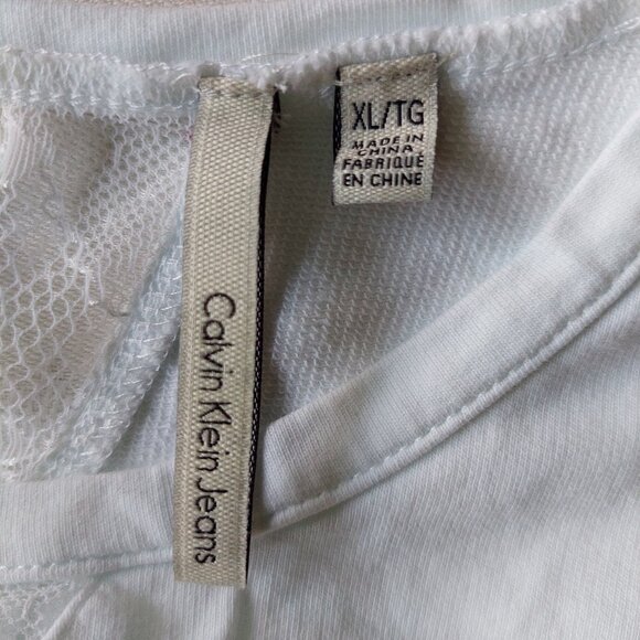 Calvin Klein White Long Sleeve Top Lace V-neck Insert & Sheer Layered Hem Sz XL - Picture 4 of 10